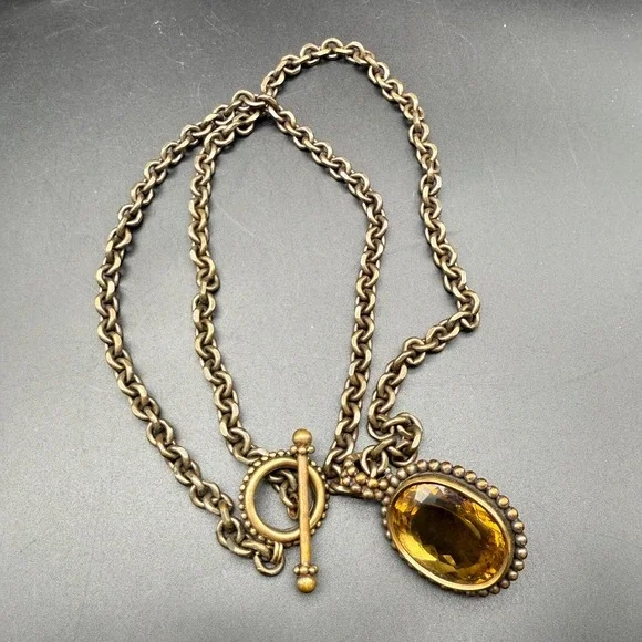 Stephen Dweck 1994 Vintage Bronze Toggle Necklace Citrine Pendant 32" Chain Sign - Picture 3 of 8